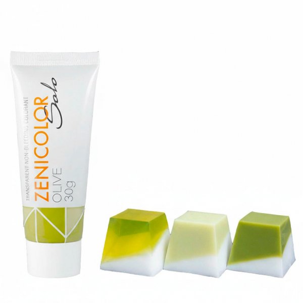 Caurspīdīga un neplūstoša ziepju krāsa OLIVE, kas paredzēta „melt and pour“ ziepju masai